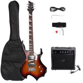 [Do Not Sell on Amazon]Glarry Flame Shaped Electric Guitar with 20W Electric Guitar Sound HSH Pickup Novice Guitar Audio Bag Strap Picks Shake Cable W